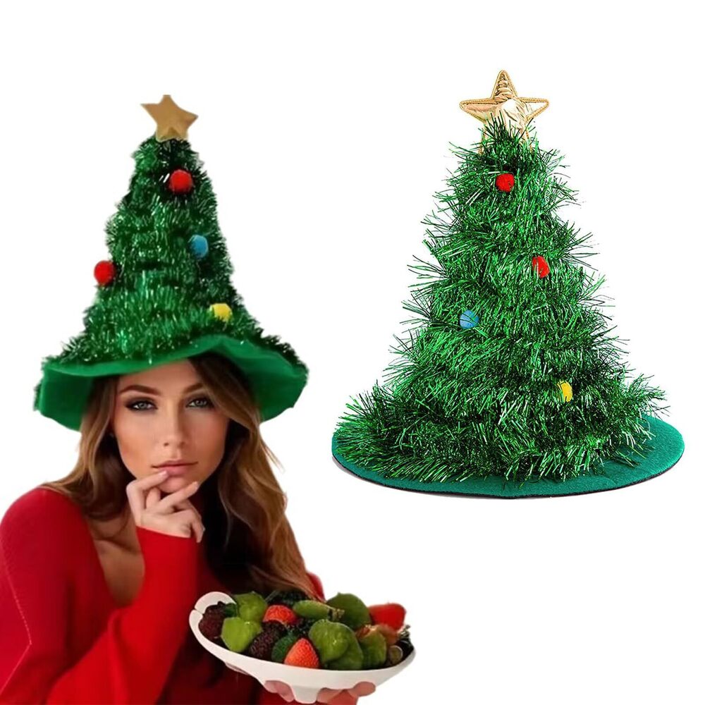 6571 Christmas Tree Hat Green Tinsel Glitter Golden Five pointed Star
